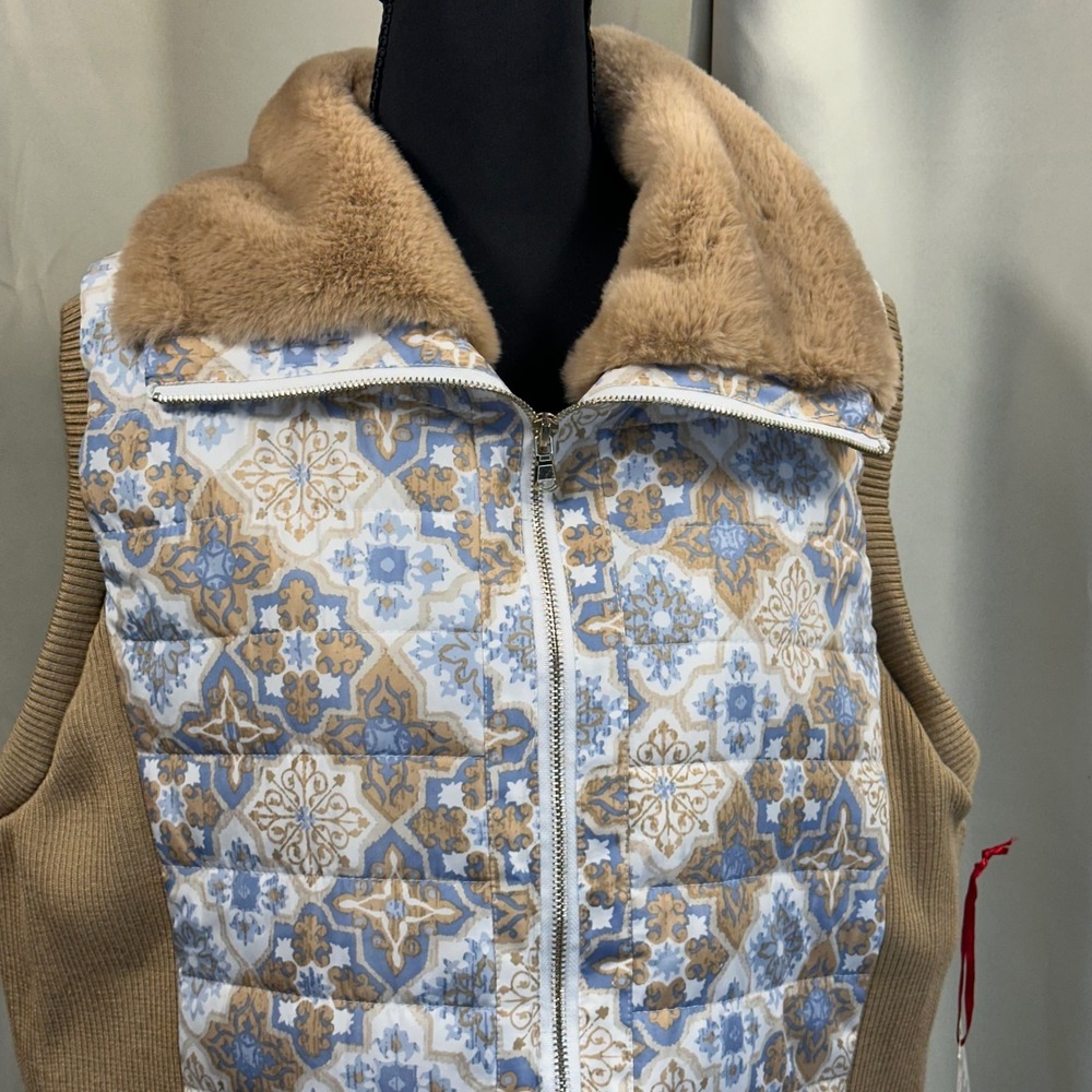 Ruby Rd Puffer Vest Womens 2X Camel Blue Tile Print Faux Fur Collar Excellent
